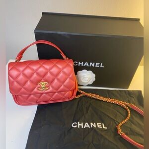 CHANEL Front Pocket Top Handle Flap Bag Quilted Calfskin Mini Pink